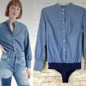 J. Crew Perfect Bodysuit Shirt Denim Blue Button Down Chambray Women's Size  10